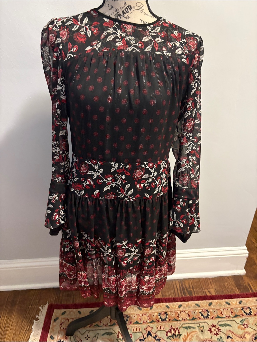 Michael Kors Black Dress with Red & Cream Floral Print, Long Sleeve